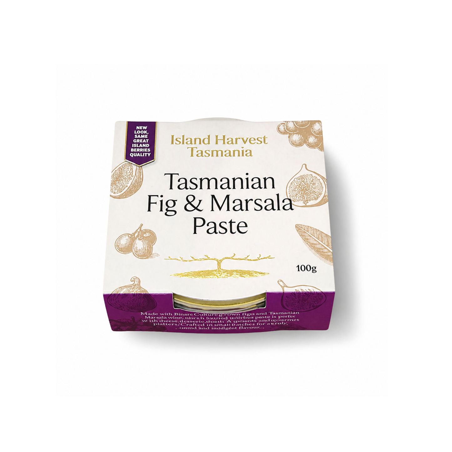 Packaging of Tasmanian Fig & Marsala Paste by Island Harvest Tasmania on a white background
