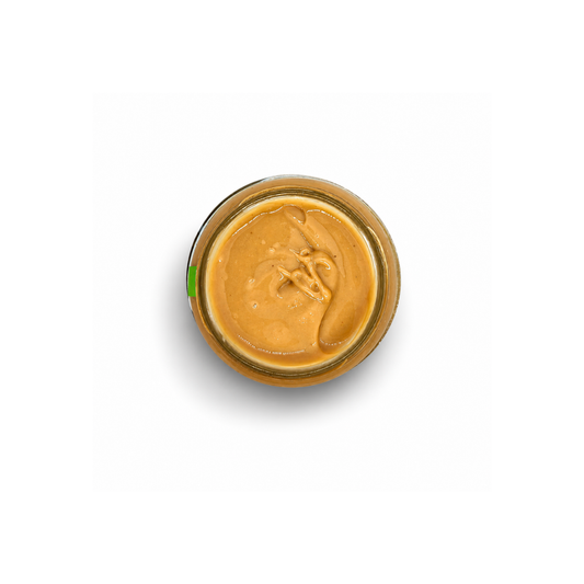 Aerial view of TassieToms organic peanut butter on a white background