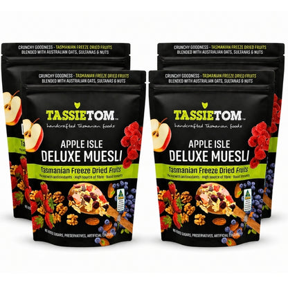 Four packages of Tassie Tom Apple Isle Deluxe Muesli on a white background
