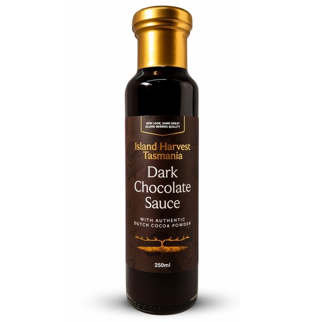 Bottle of Island Harvest Tasmania Dark Chocolate Sauce on a white background