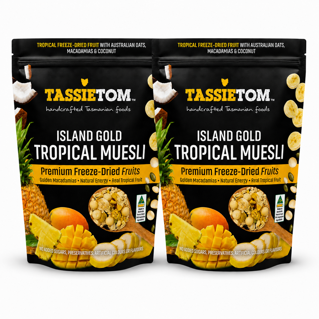 Two packages of Tassie Tom Island Gold Tropical Muesli on a white background