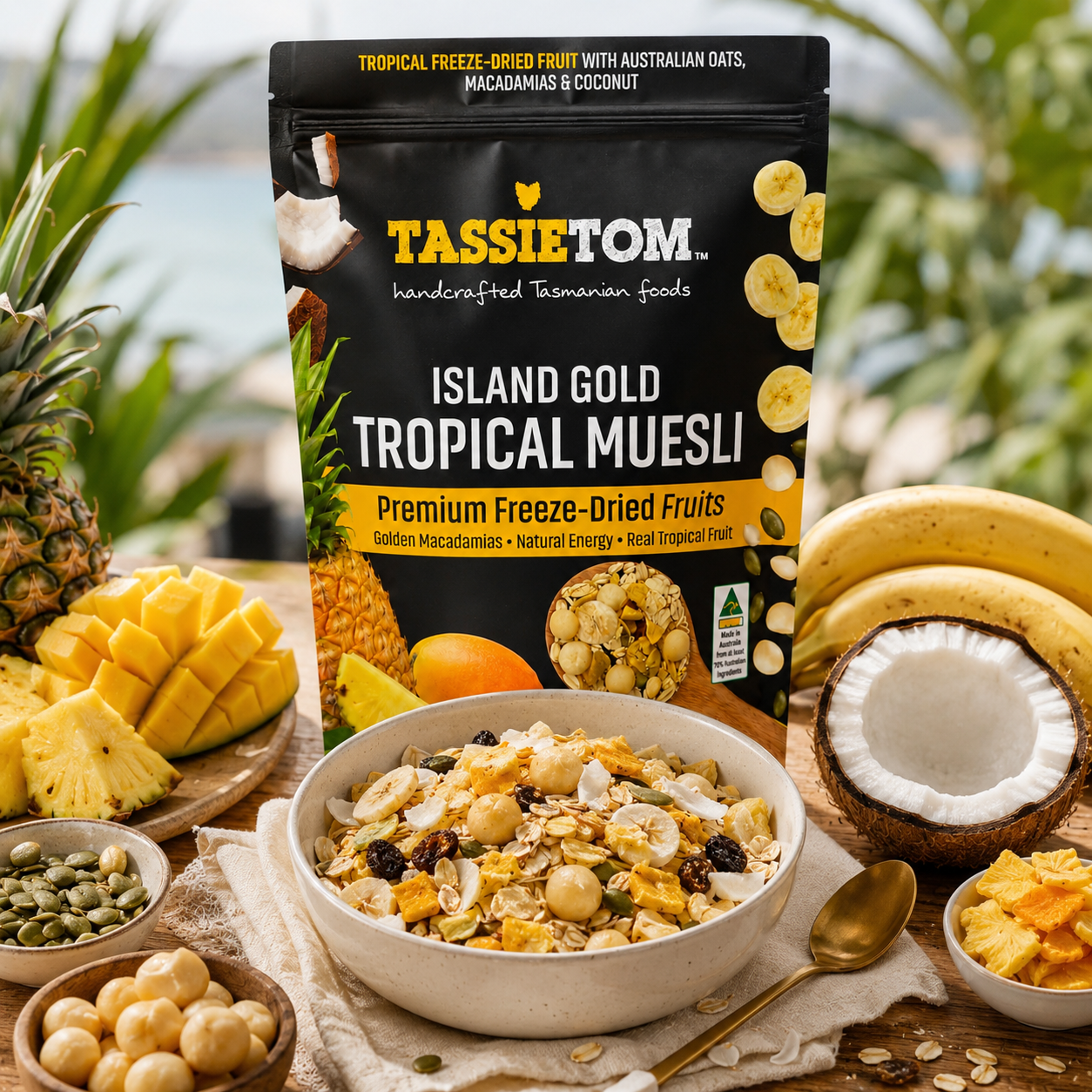 TassieTom Island Gold Tropical Muesli packaging with a bowl of muesli and tropical fruits on a wooden table.