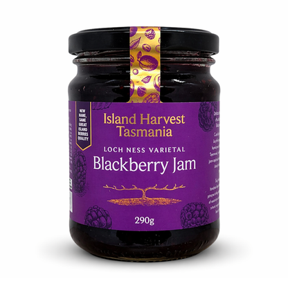 Jar of Island Harvest Tasmania Blackberry Jam on a white background