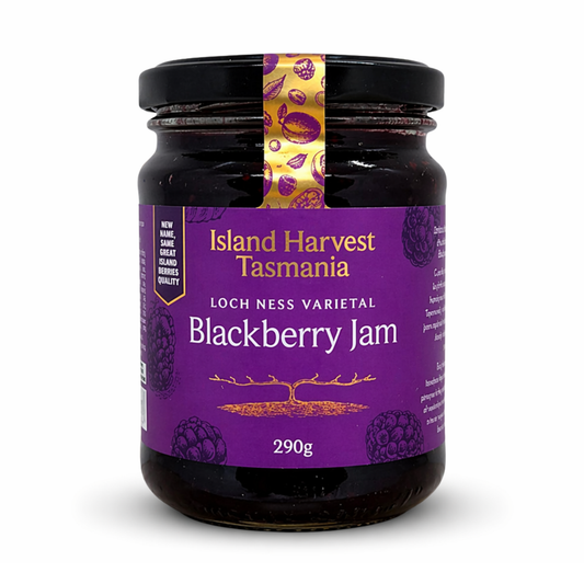 Jar of Island Harvest Tasmania Blackberry Jam on a white background