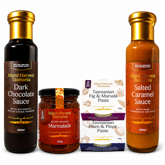 Collection of Island Harvest Tasmania food products including sauces and pastes on a white background