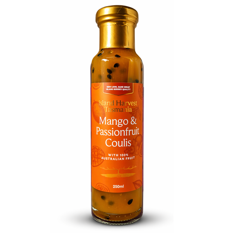 Bottle of Island Harvest Mango & Passionfruit Coulis on a white background