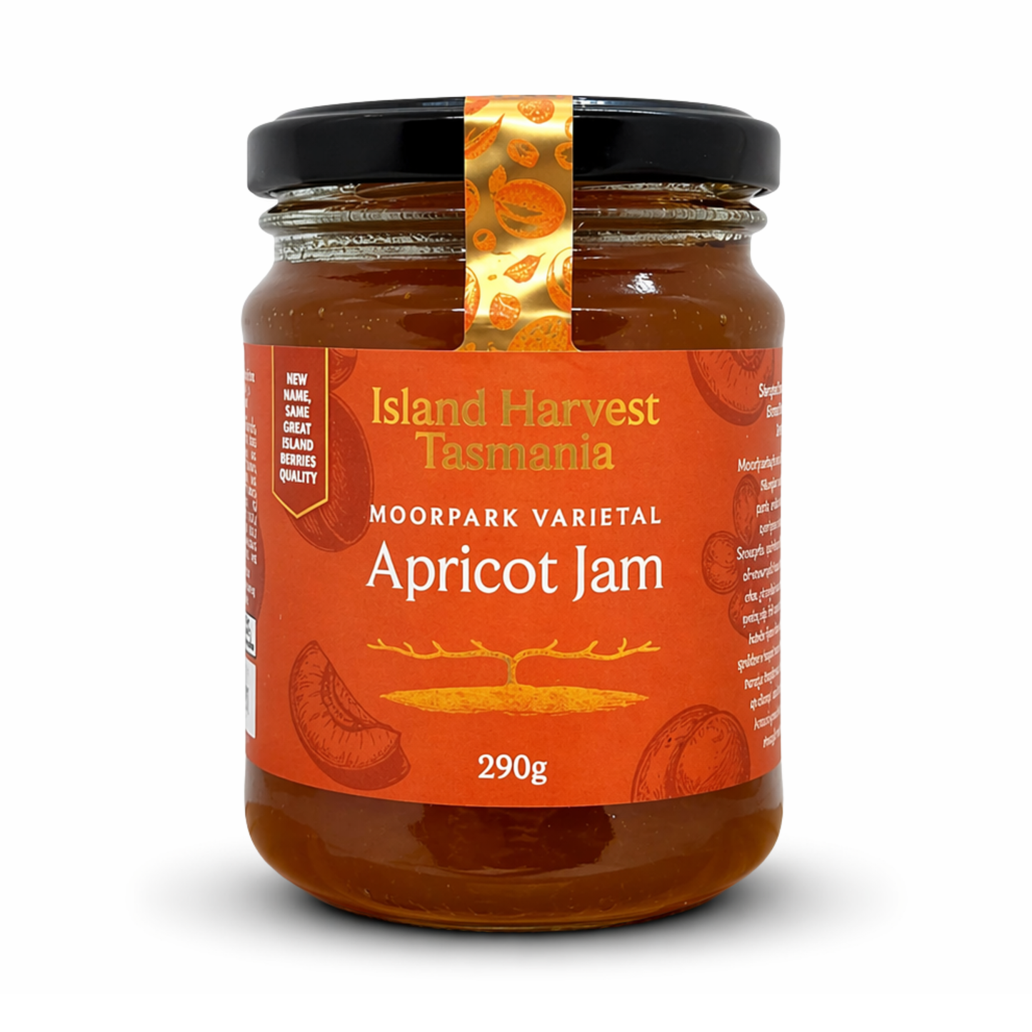 Jar of Island Harvest Tasmania Apricot Jam on a white background