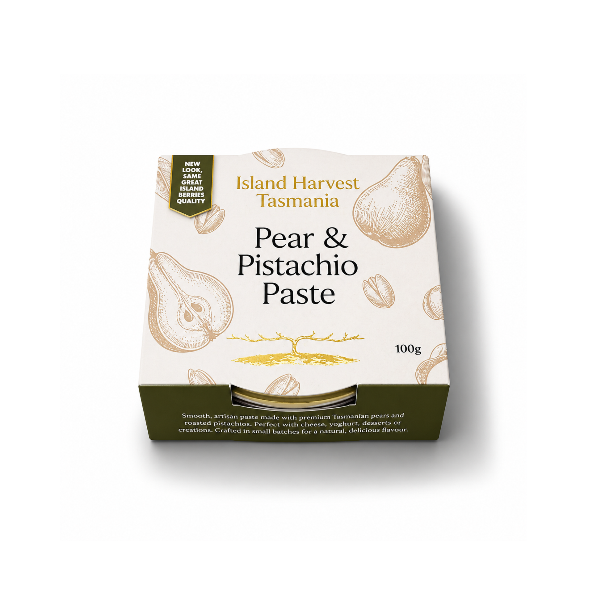 Box of Island Harvest Tasmania Pear & Pistachio Paste on a white background