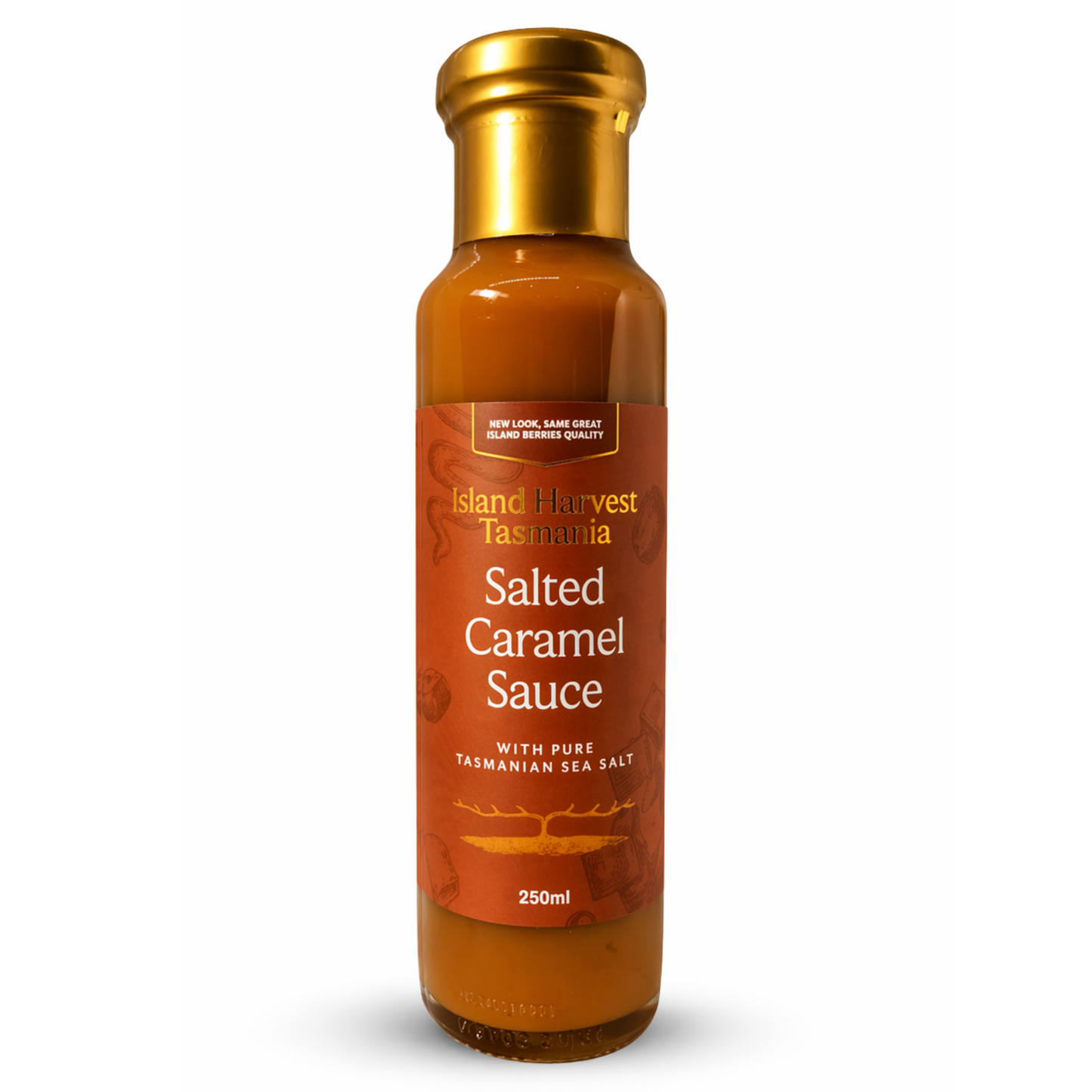Bottle of Island Harvest Salted Caramel Sauce on a white background