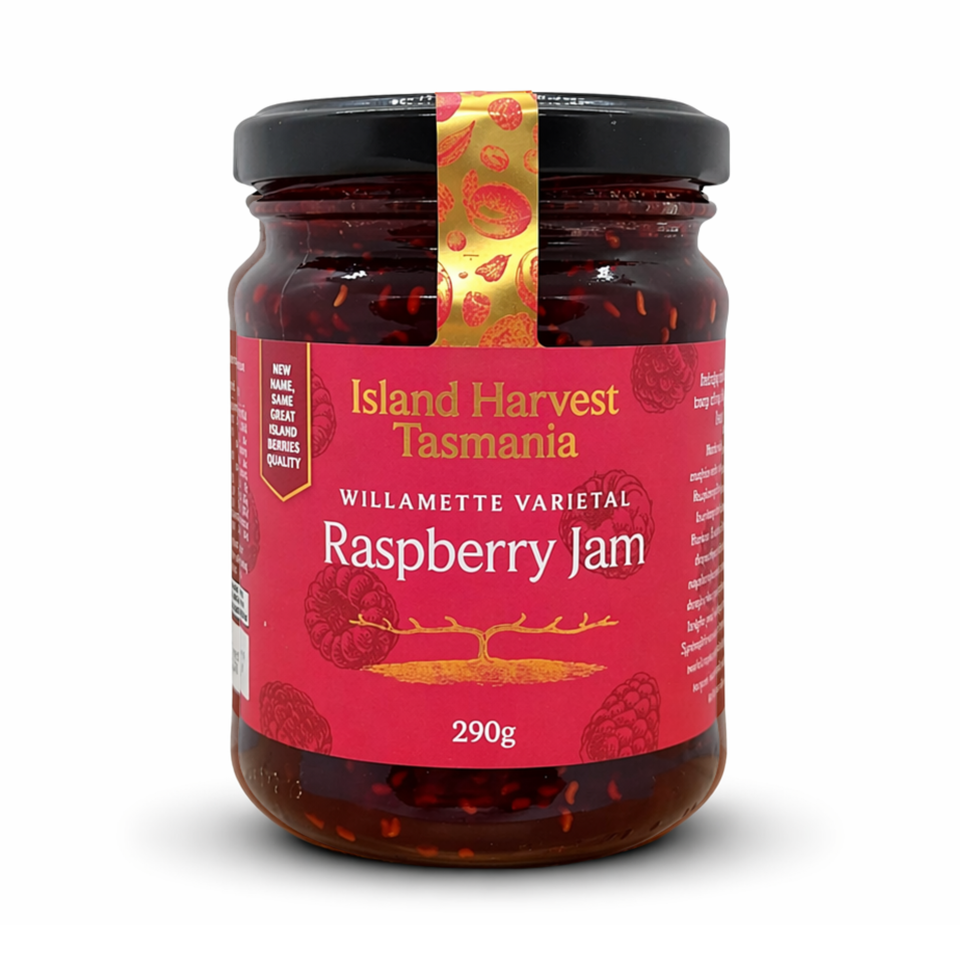 Jar of Island Harvest Tasmania Raspberry Jam on a white background