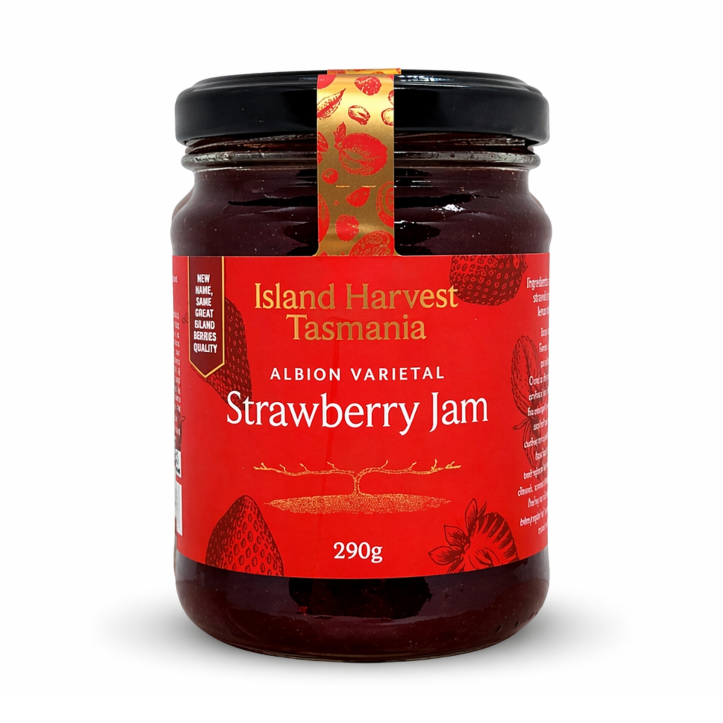 Jar of Island Harvest Tasmania Strawberry Jam on a white background