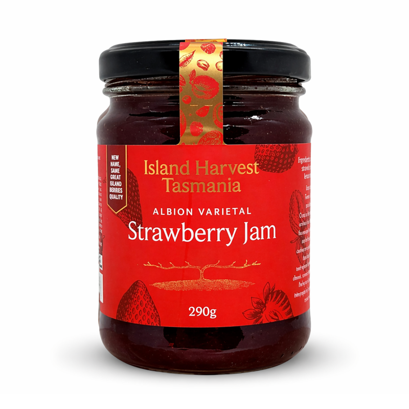 Jar of Island Harvest Tasmania Strawberry Jam on a white background