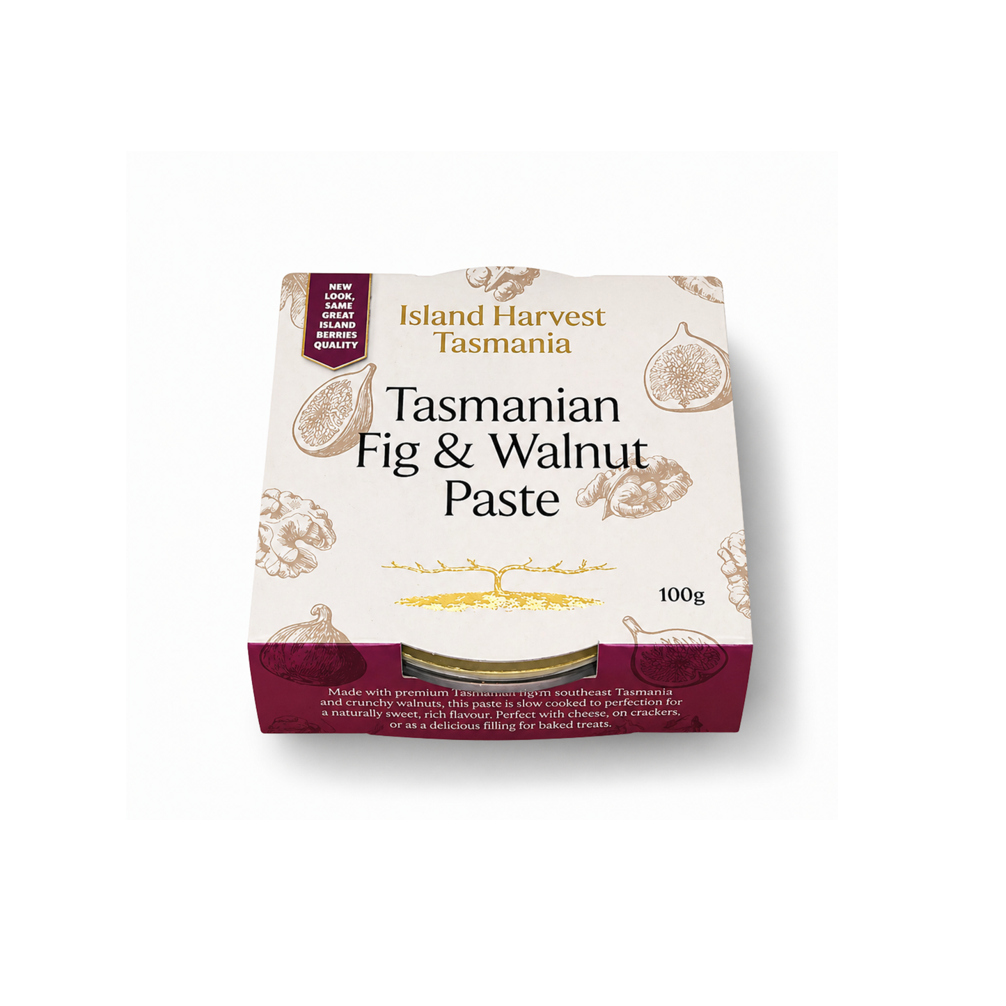 Packaging of Tasmanian Fig & Walnut Paste by Island Harvest Tasmania on a white background