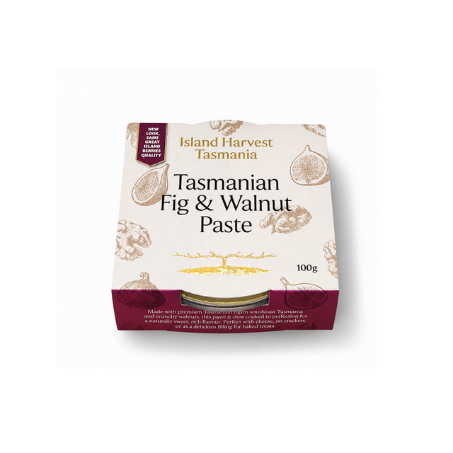 Packaging of Tasmanian Fig & Walnut Paste by Island Harvest Tasmania on a white background