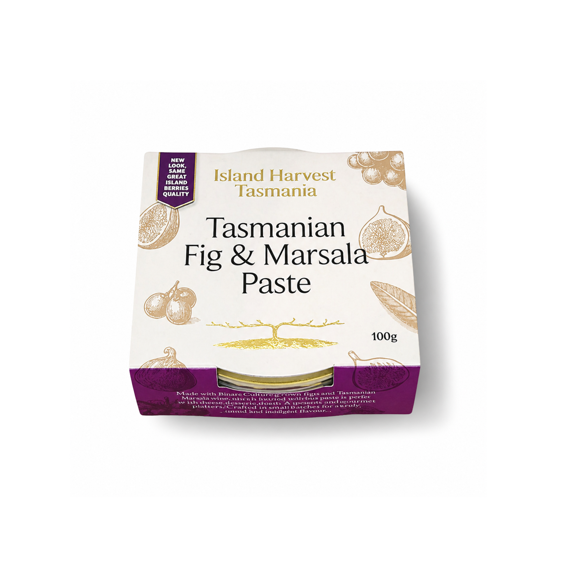 Packaging of Tasmanian Fig & Marsala Paste by Island Harvest Tasmania on a white background