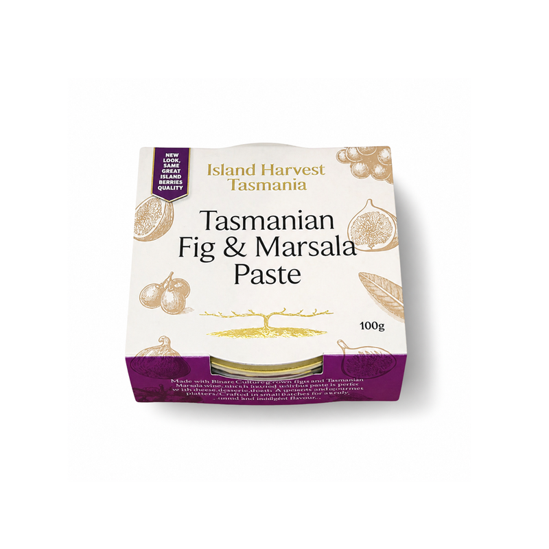 Packaging of Tasmanian Fig & Marsala Paste by Island Harvest Tasmania on a white background