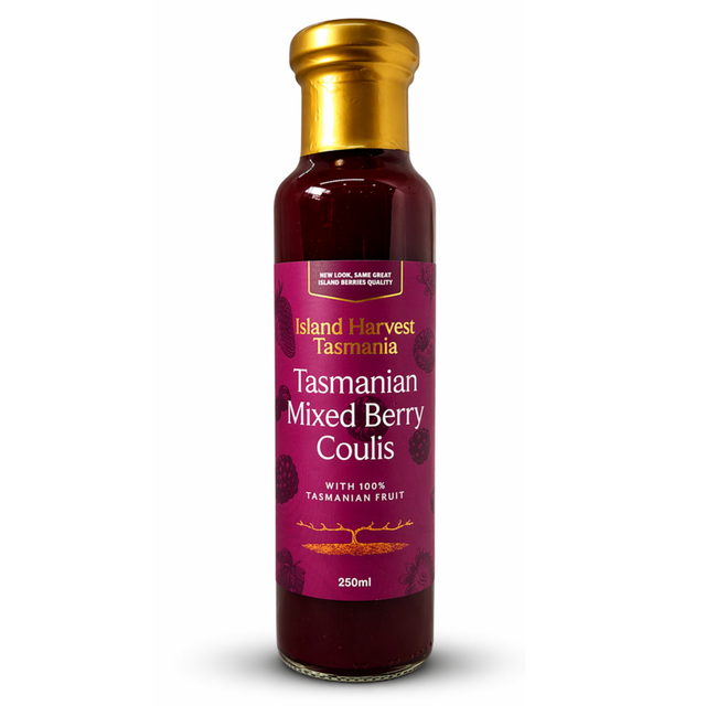 Bottle of Island Harvest Tasmanian Mixed Berry Coulis on a white background