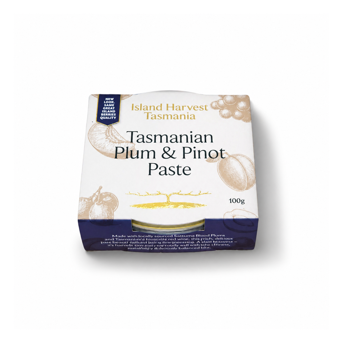 Packaging of Tasmanian Plum & Pinot Paste by Island Harvest Tasmania on a white background