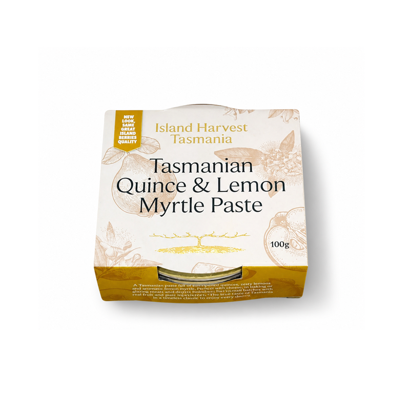 Packaging of Tasmanian Quince & Lemon Myrtle Paste from Island Harvest Tasmania on a white background