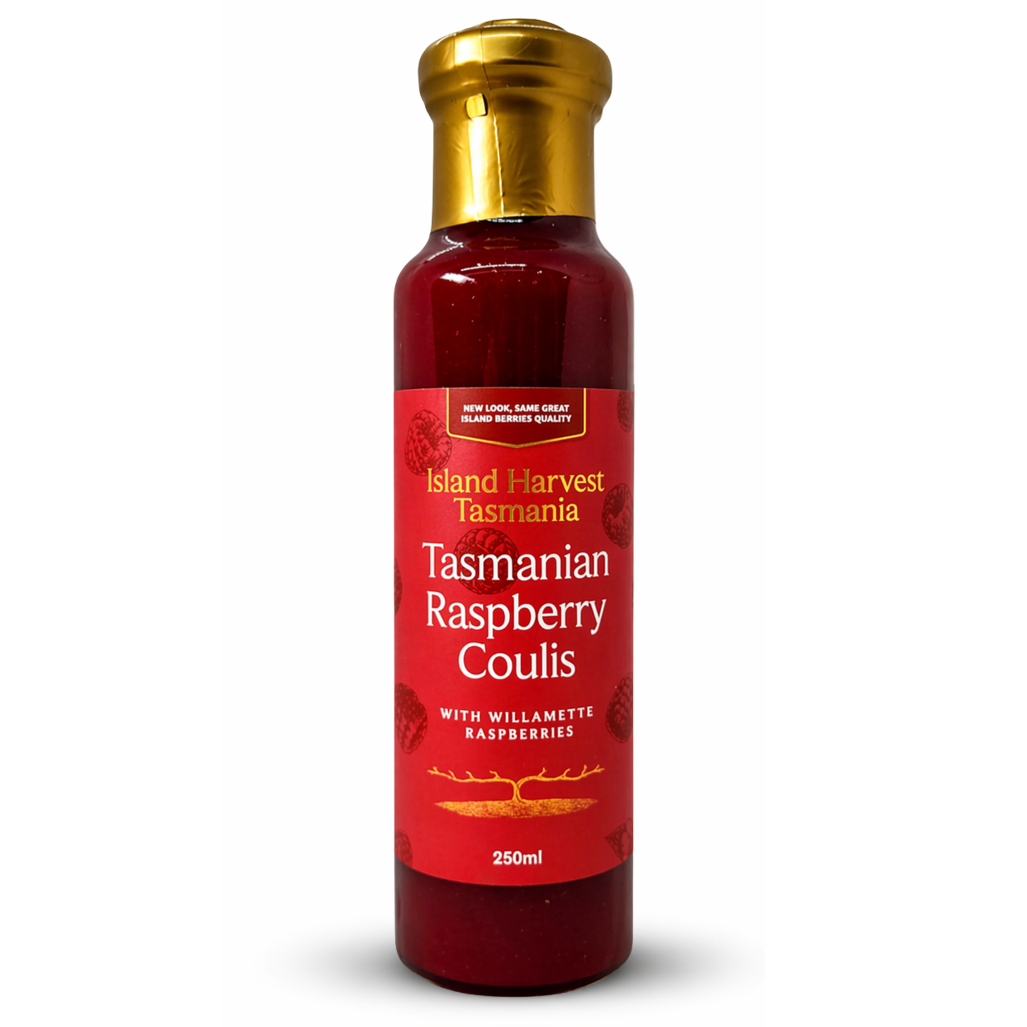 Bottle of Island Harvest Tasmania Tasmanian Raspberry Coulis on a white background