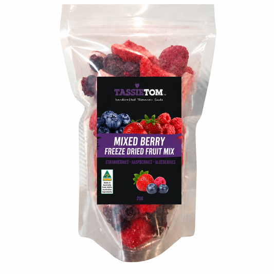 Packaged mixed berry freeze dried fruit mix with TassieTom branding on a white background