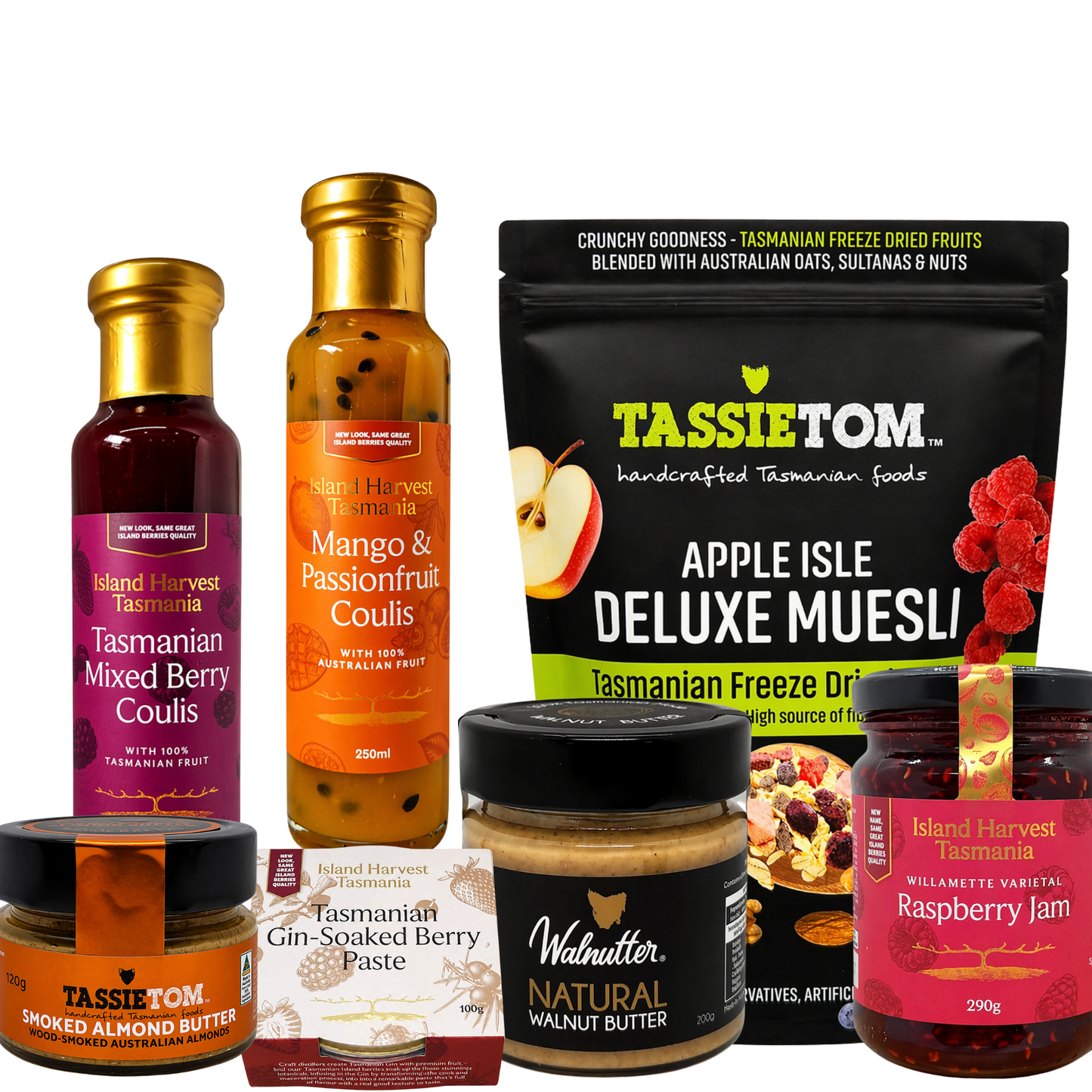 Collection of Tasmanian food products including jams, coulis, and muesli on a white background.