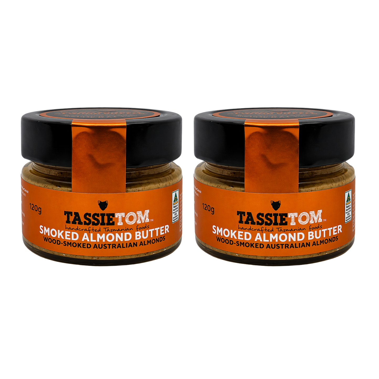 Two jars of TassieTom smoked almond butter on a white background
