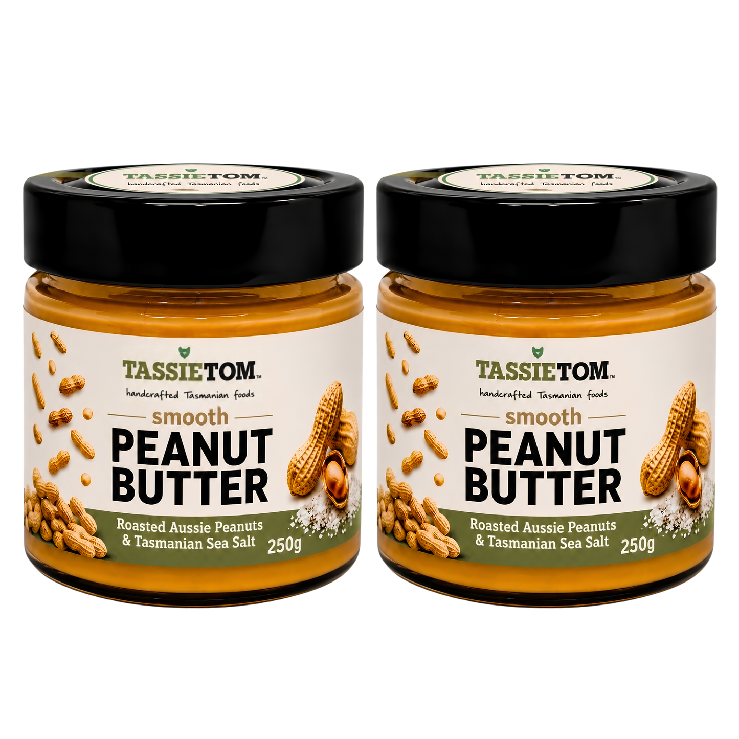 Two jars of TassieTom smooth peanut butter on a white background