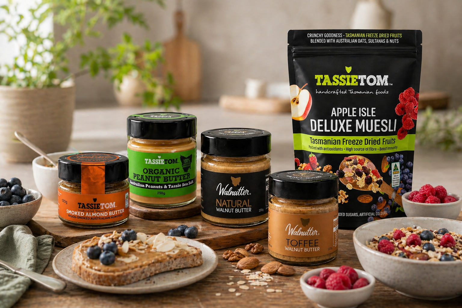 Assorted jars of nut butters and a bag of TassieTom muesli on a wooden table with a blurred background.