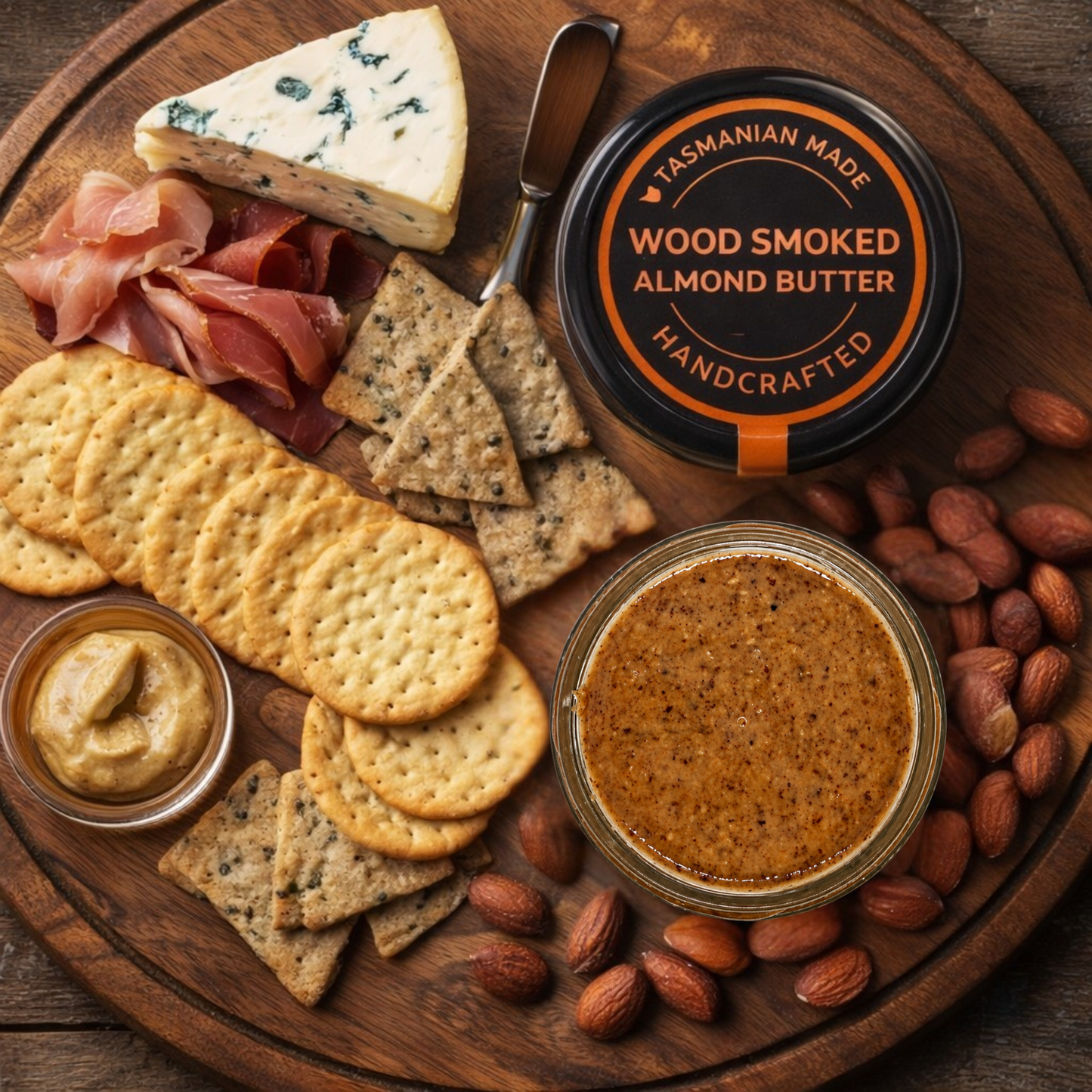 Wooden platter with Tasmanian Made Wood Smoked Almond Butter, crackers, cheese, and cured meats.