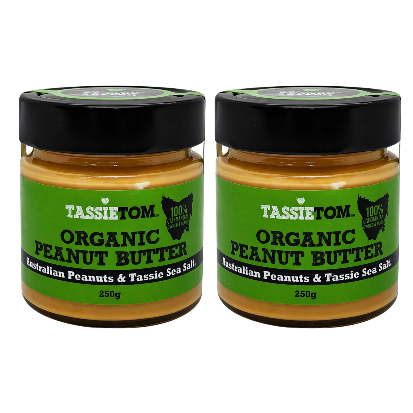 Two jars of Tassie Tom organic peanut butter on a white background