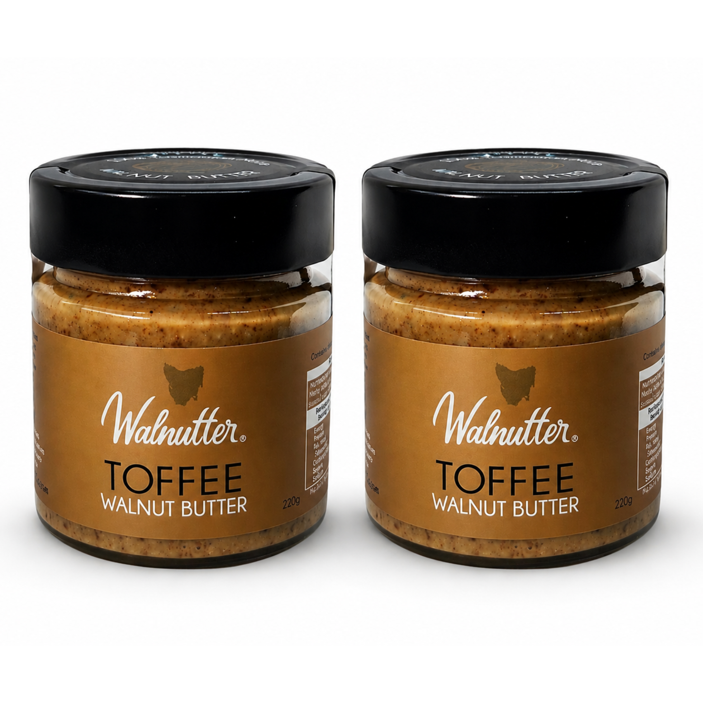 Two jars of Walnutter Toffee Walnut Butter on a white background