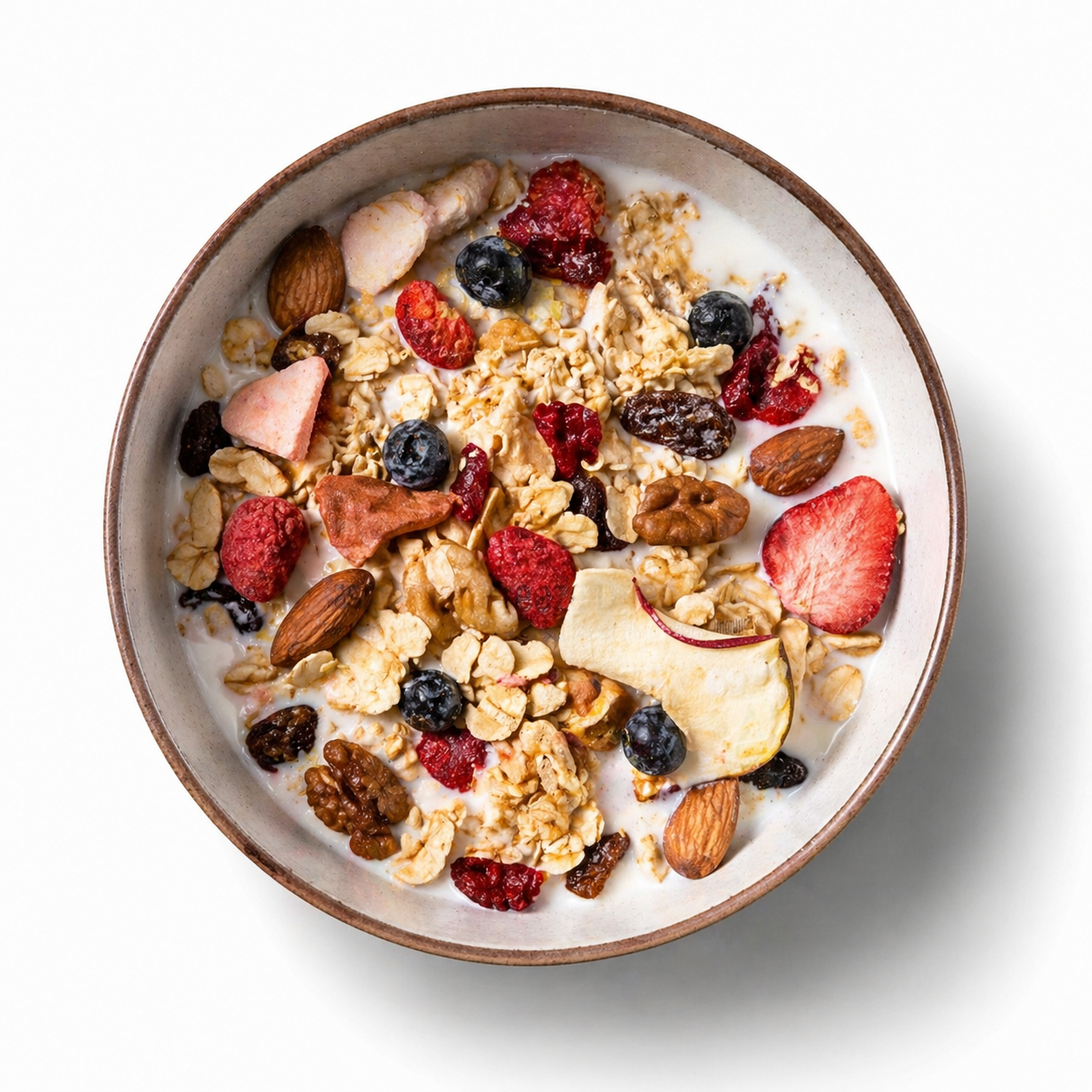 Apple Isle Deluxe Muesli with freeze dried Tasmanian fruit, nuts and oats in a bowl 