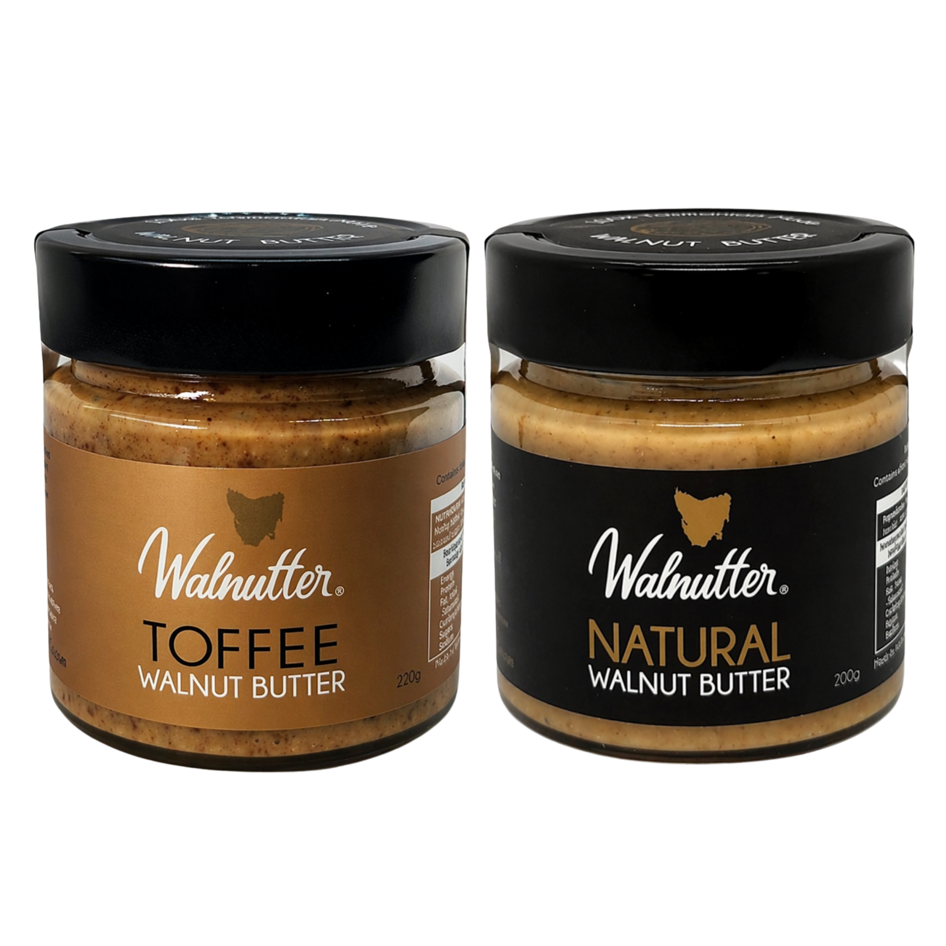 Two jars of Walnutter walnut butter, one toffee and one natural, on a white background.