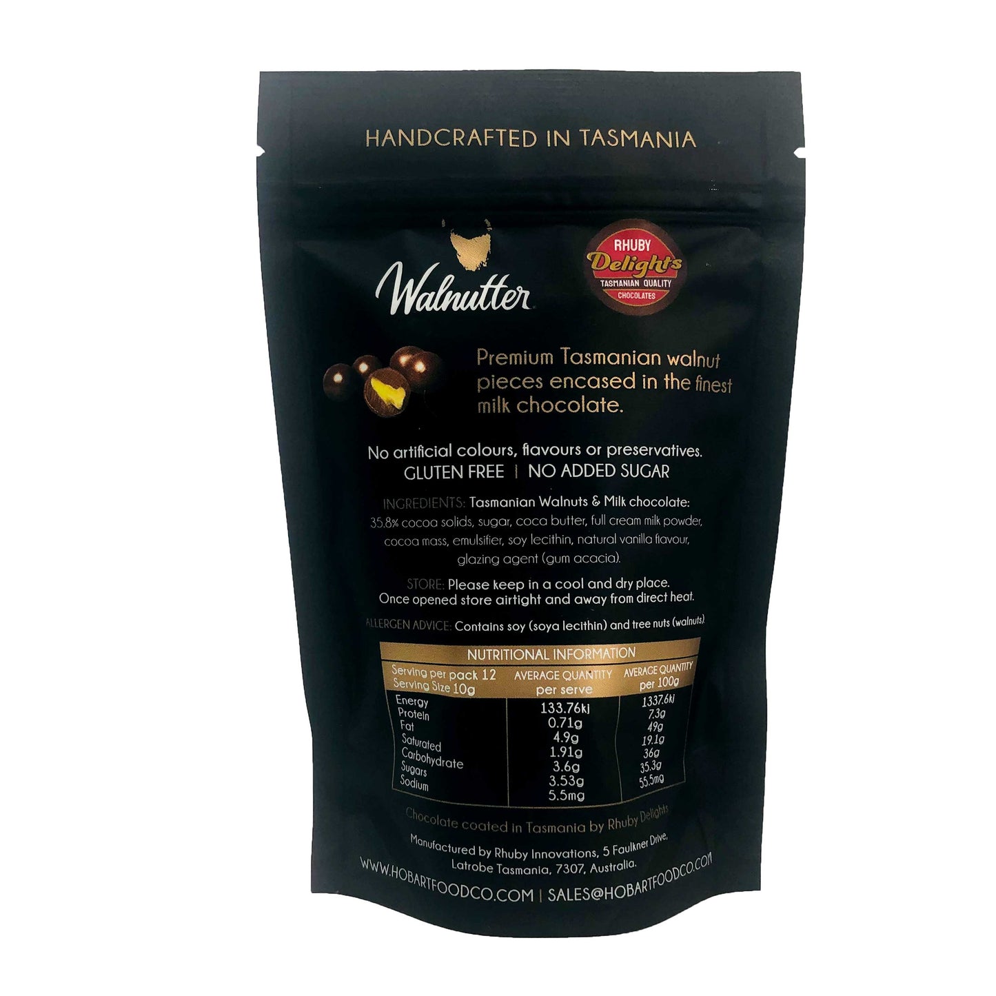 Premium. Tasmanian. Delicious. Walnutter Tasmanian premium walnuts coated in Milk Chocolate - Handcrafted in Tasmania - 120g black and gold foil pouch bag, image showing back of bag